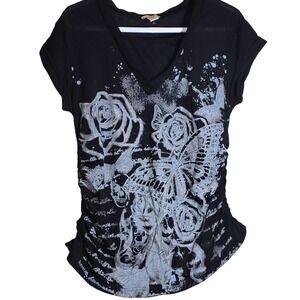 NYC Size Large bedazzled rhinestone Black with White Butterfly Ruching